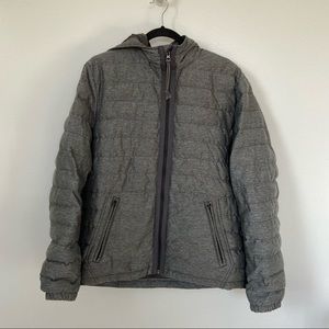 Mens lucky brand quilted puffer jacket with hood gray size L